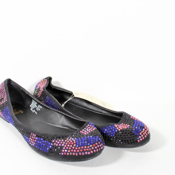 NWT Multicolor Blue Red to Pink Hue Iridescent Rhinestone Sparkle Black Flats - Picture 2 of 5